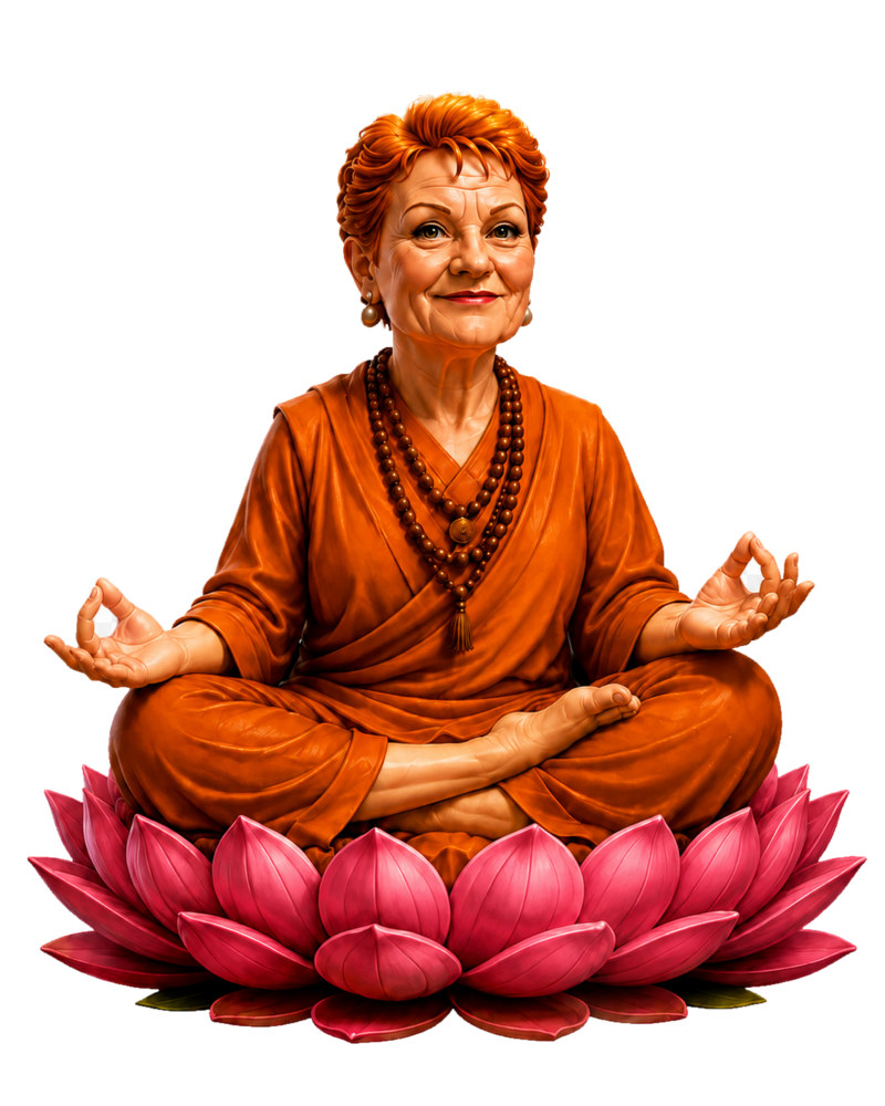 A satirical enlightened Pauline Hanson seated on a pink lotus flower