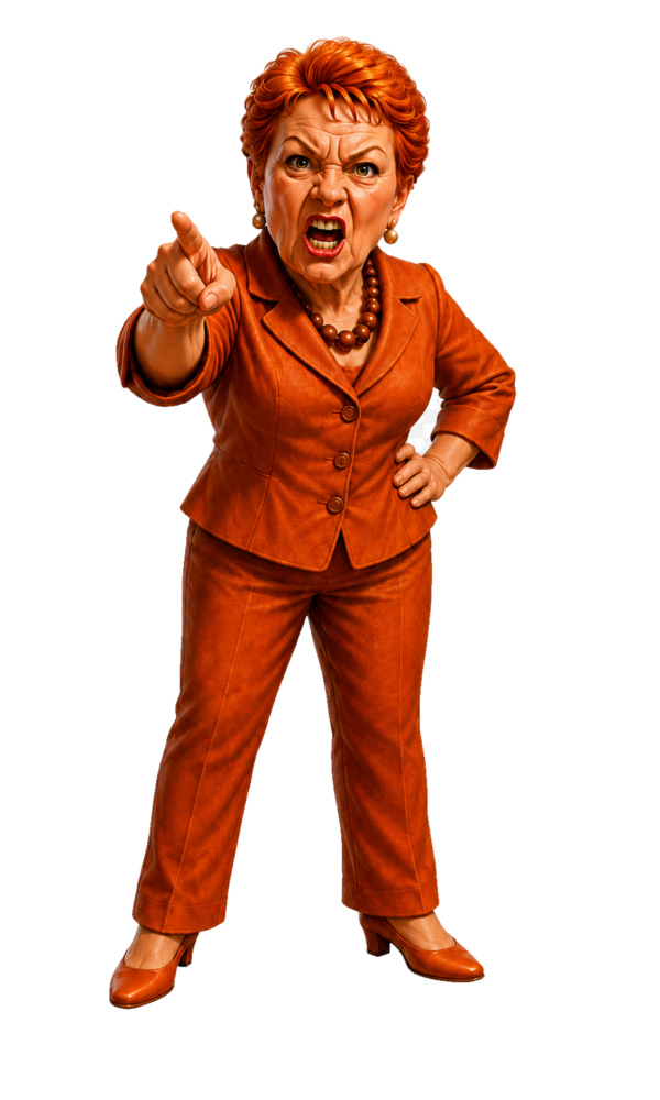Close-up caricature of Pauline Hanson pointing angrily